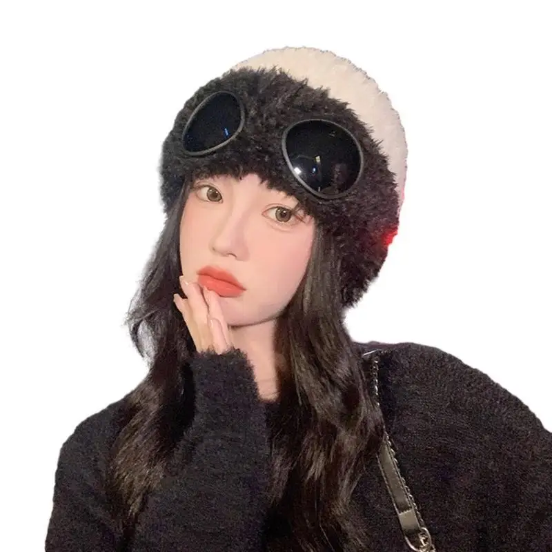 

39BD Warm Ear Flap Hat for Female with Goggles Cold Weather Elastic Beanie Hat Outdoor Ear Protective Hat Skiing Accessories