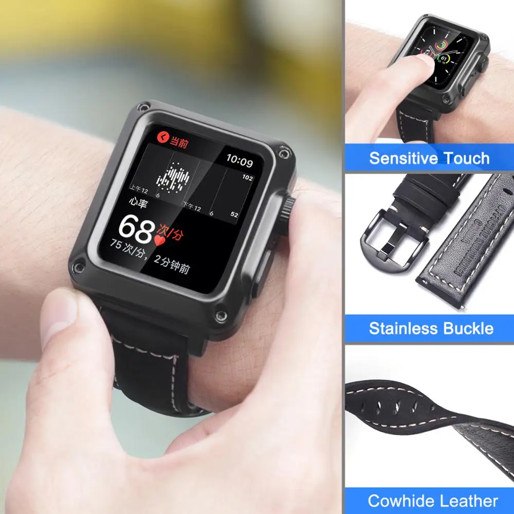 Leather Strap + Metal Case for Apple Watch Serise 6 5 4 SE 44mm 40mm 2 in 1 Drop-proof Glass Case for iWatch 3 2 42mm 38mm Strap