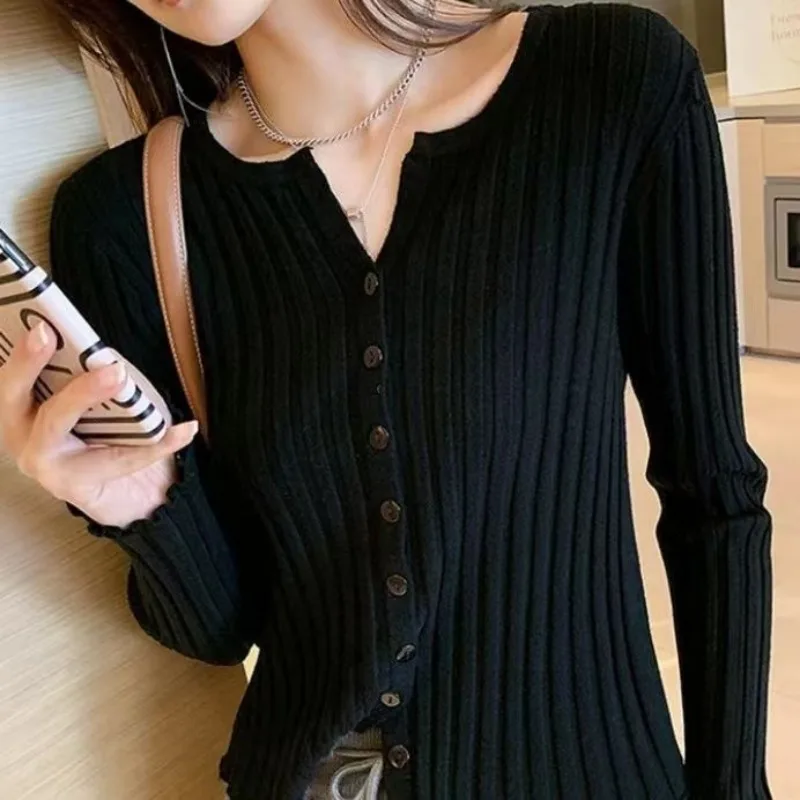 Women Knitted Cardigan Long Sleeve Slim Sweater Cropped Jacket Crop Tops Single Breasted Short Coat Korean Chic Solid Cardigan