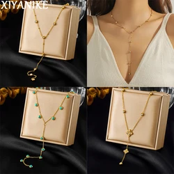 XIYANIKE 316L Stainless Long Pendant Necklace For Women Turquoise Crystal Flower Shape Personalized Non-fading Clavicle Chain