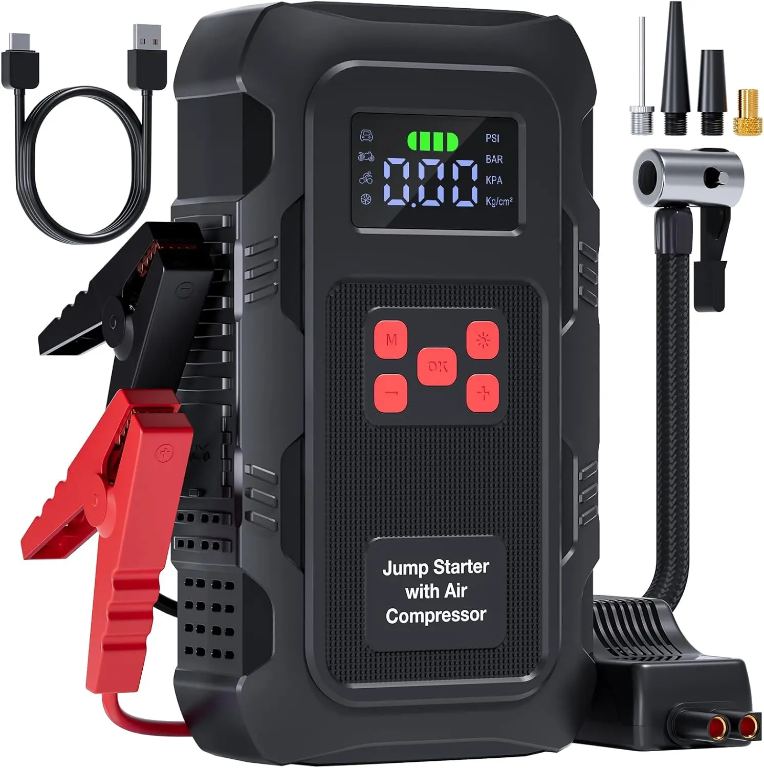 

5000A Jump Starter with Air Compressor, Portable for Gas/Diesel Engines, 12V Battery Booster in Red