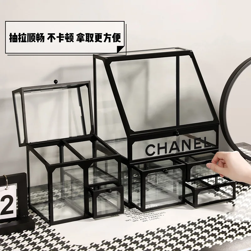 

Glass desktop storage box, cosmetics storage rack, dust-proof household skincare shelf, lipstick organizer box