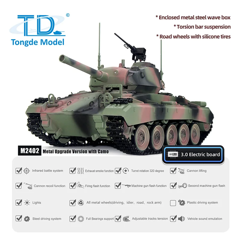 Nowy Tongde M24 Chaffee 1/16 RC Light Tank System walki na podczerwień Ulepszone koła Panzer sterowania radiem Pojazd dla chłopca TH24485