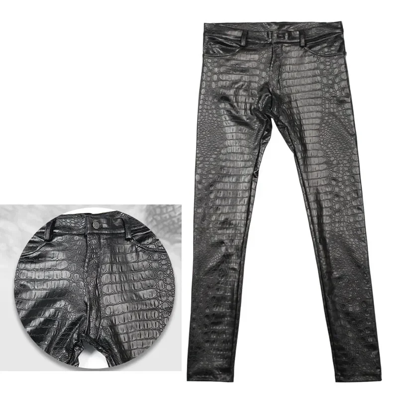 Plus Size Brushed Tight Trousers Legging PU Leather Motorcycle Pencil Pants Fleece Winter Alligator Pattern Pantolon Streetwear