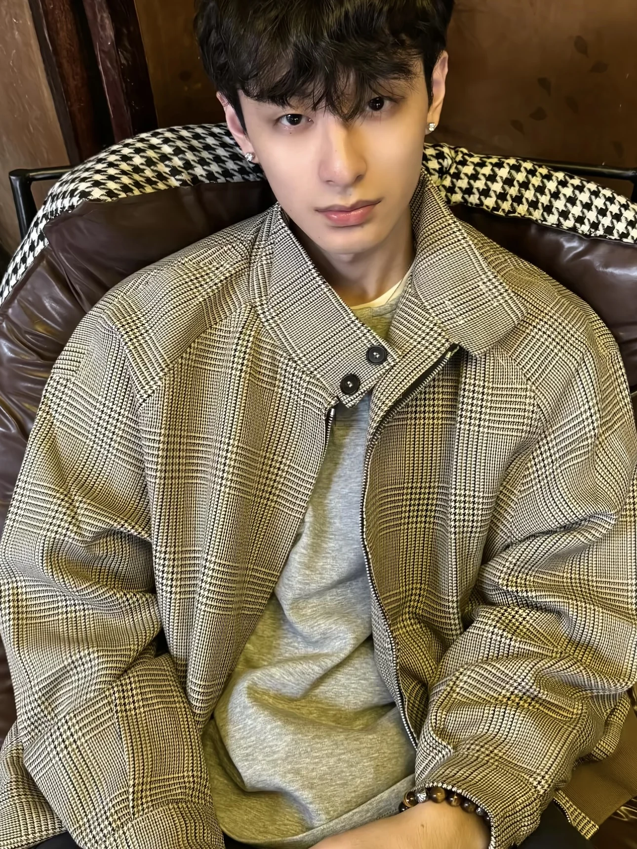 

Retro American Plaid Harrington Jaet Men's Autumn Winter Casual ort Wide Design Outerwear Polyester Fiber Long Sve