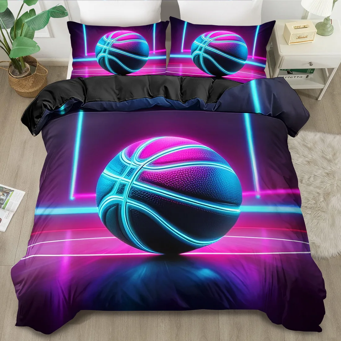 Purple Basketball Sport Print Duvet Cover Set King/Queen Size Machine Washable Bedding Set for Bedroom Guest Room