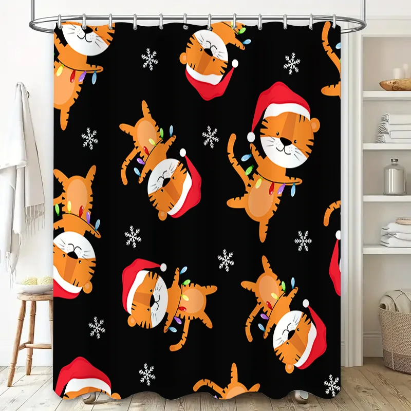 christmas shower curtain tigers black santa claus pattern waterproof bathroom decor custom size made-to-order art painting gift