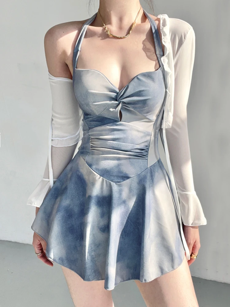 

Новинка 2025: Женский купальник-накидка с эффектом тай-дай, синий, сексуальный, утягивающий, для отпуска, с длинными рукавами, со встроенными чашечками, повседневный