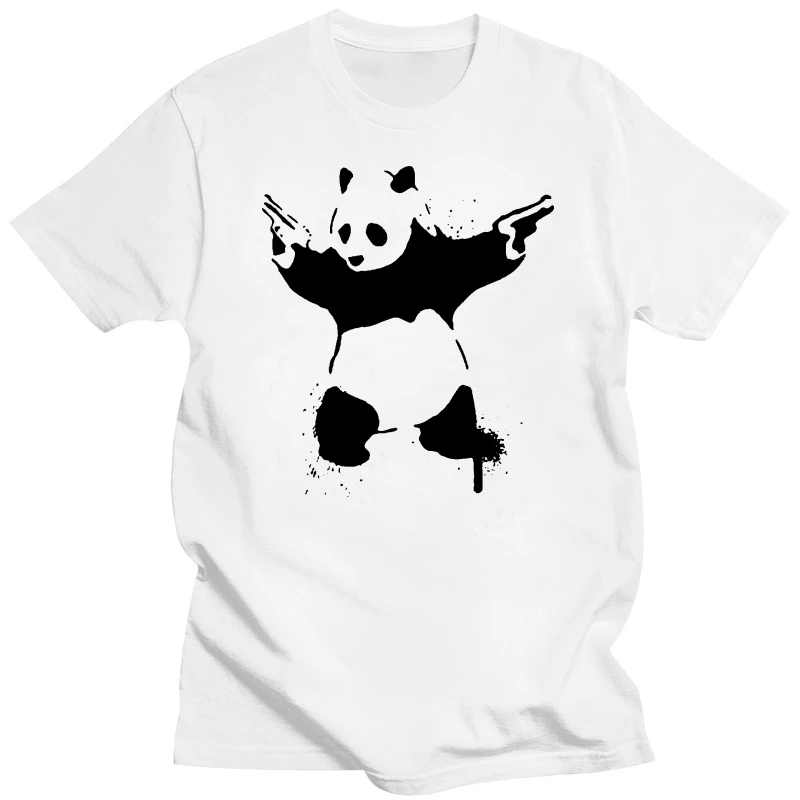 Men's Banksy Stencil Grafitti Panda With Gun T Shirt Men Women Grey Oversized Tops TEE Shirt