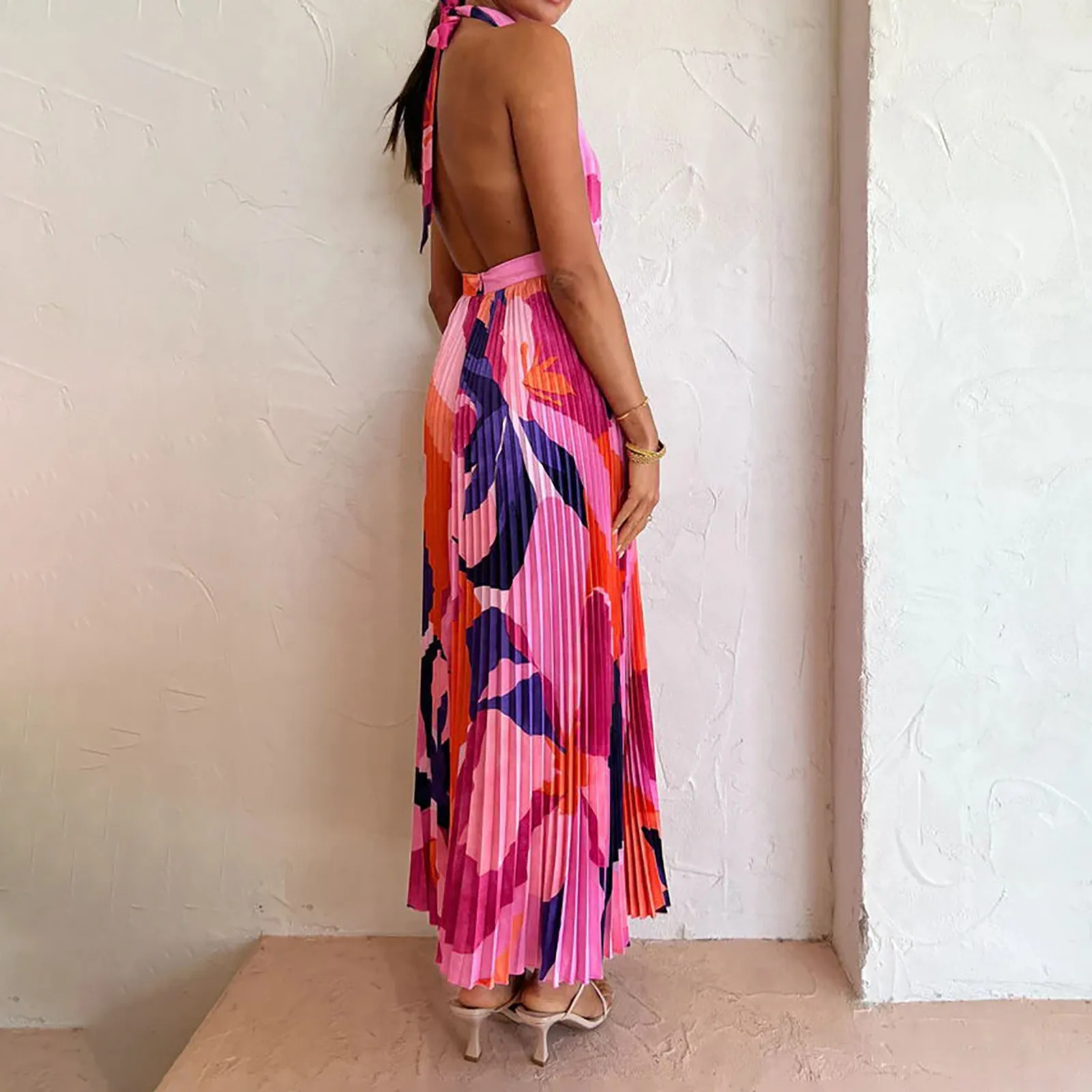 Boho Print Maxi Dresses 2024 Summer Chic Holiday Sleeveless Halter Backless Dress Elegant V-Neck Hollow Pleated Dress Vestidos