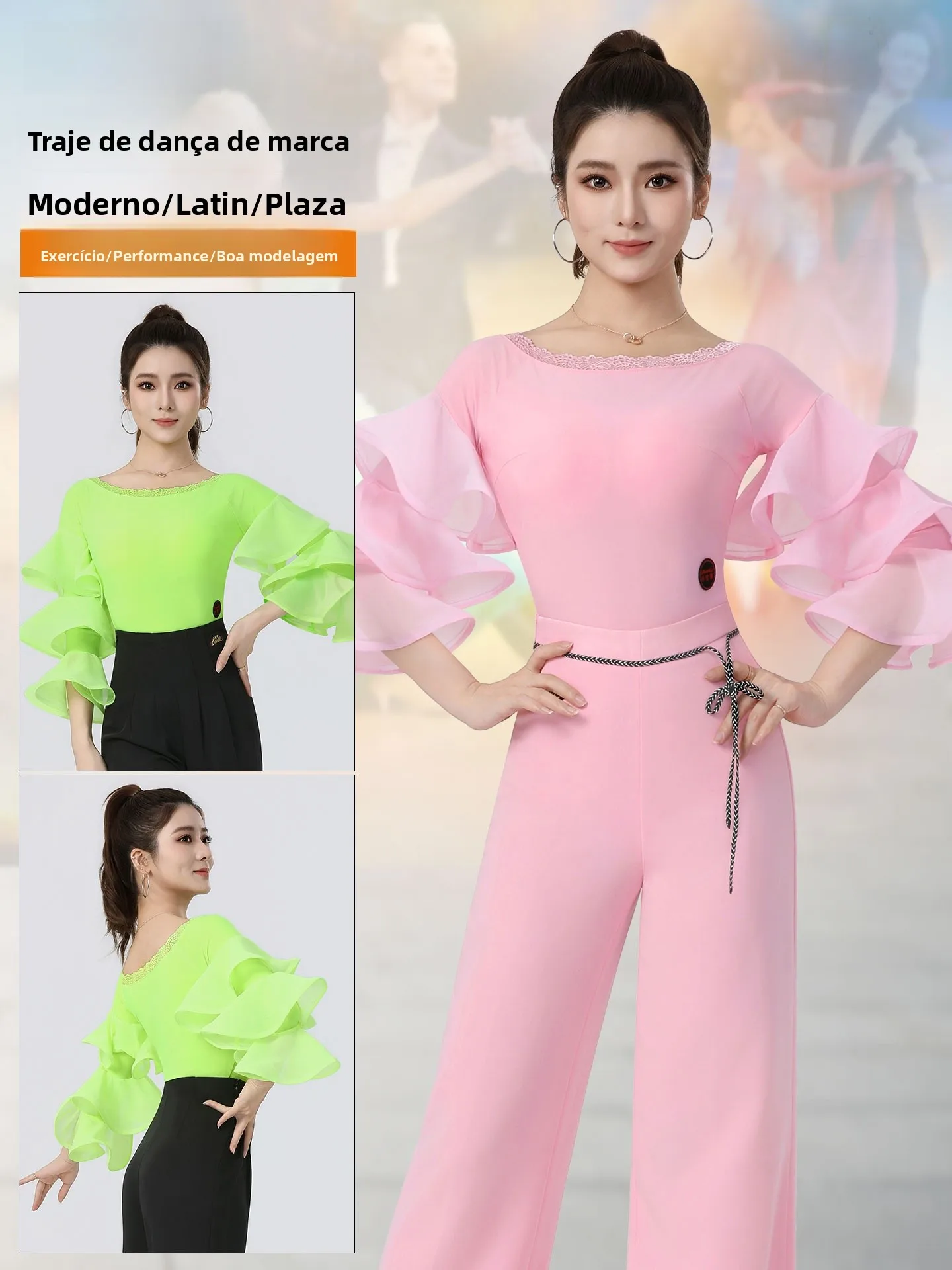 pink-modern-dance-uniform-women's-square-dancing-top-latin-dance-practice-suit-with-lace-sleeves-slim-fit-polyester-fabric