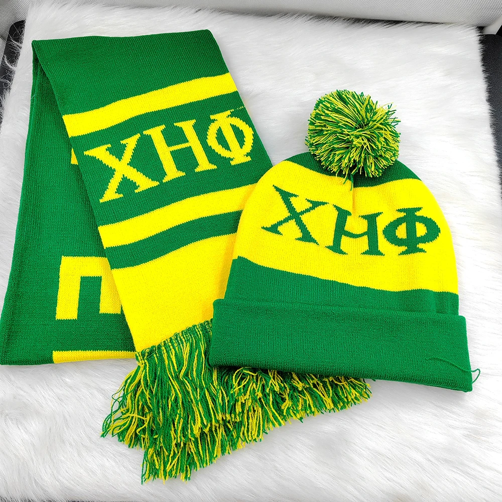 Chi Eta Phi 1932 Yellow Green Color Thick Soft Scarf Hat Sets Winter Knitted Keep Warm Scarves Womens Clothes Accessories