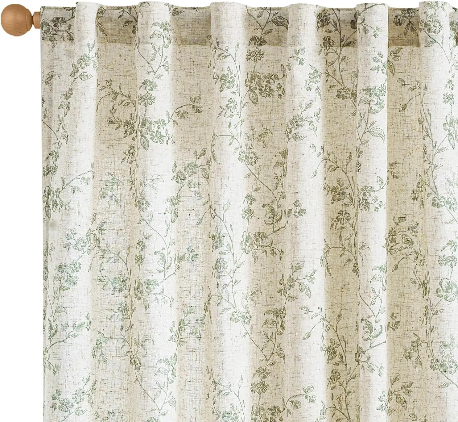 

90 inch Long Curtain for Bedroom Green Floral Linen Drapes for Living Room Farmhouse Country Vintage Light Filtering Curt
