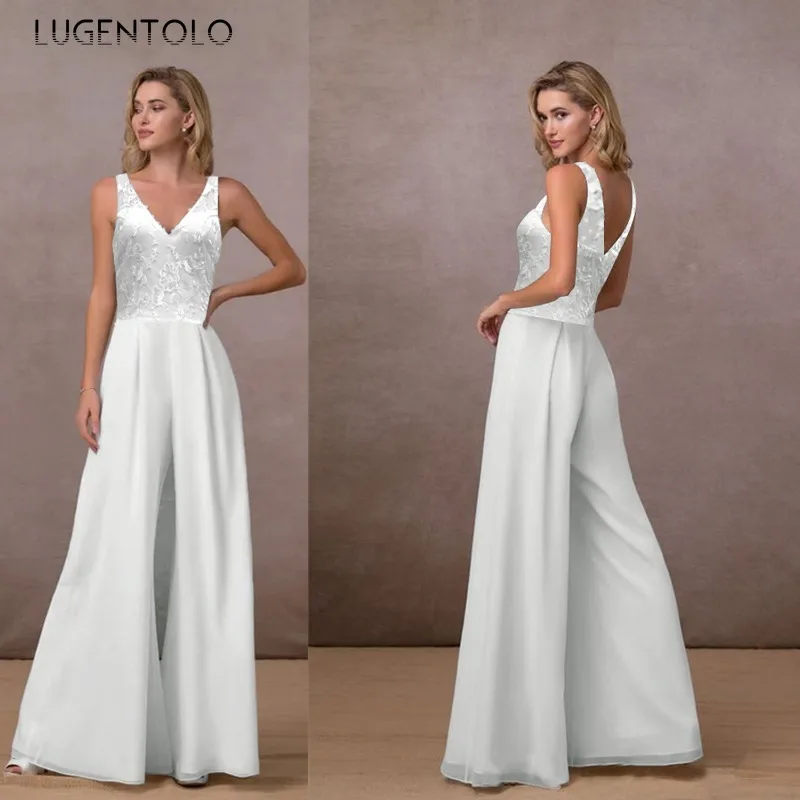 

Women Sexy Lace Jumpsuits V-neck Chiffon Backless Suspenders High Waist Lady Elegant Sleeveless Spring Summer Wide-leg Jumpsuit