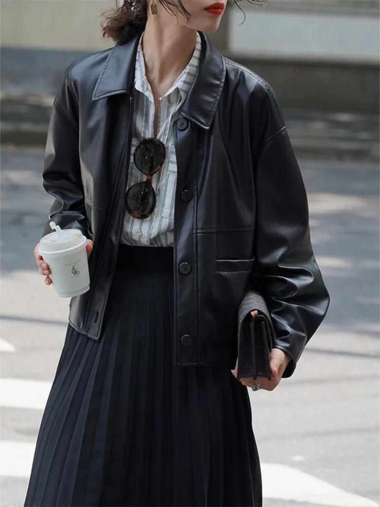 

Black Polo Collar Leather Jacket Women Vintage Casual Loose Leather Jacket Female Korean Style Streetwear Fashion Coat 2025 New