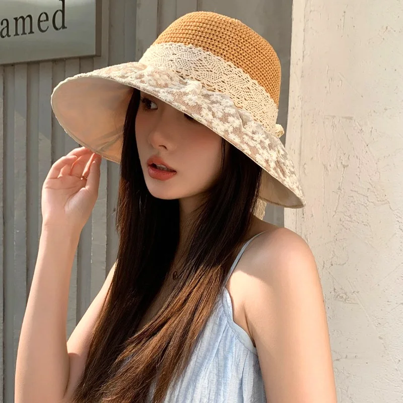 Summer Sunscreen Hat Lace Trim Straw Hat For Women Seaside Vacation Wide Brim Casual Hat Bow Bucket Hats Beach Sunscreen Hat