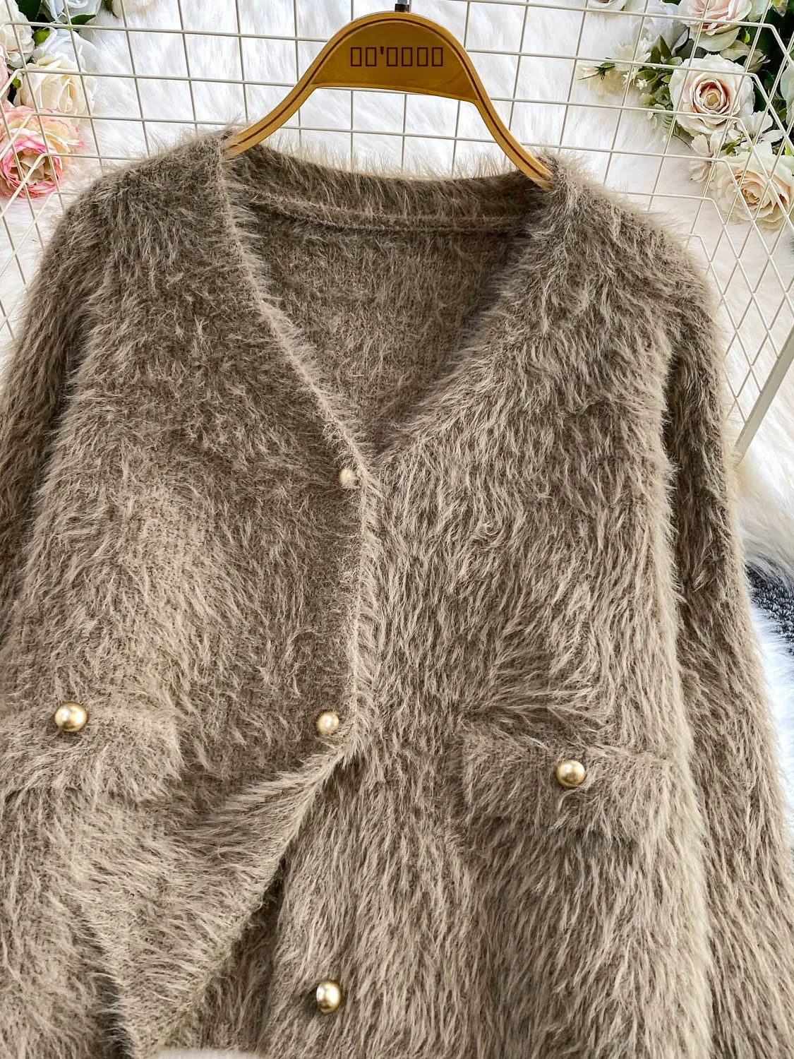 Branco Thiened Furry V-ne Casacos Feminino Outono Inverno Suave Pequena Fraança Sle Leve Luxo Metal Bule Sli...