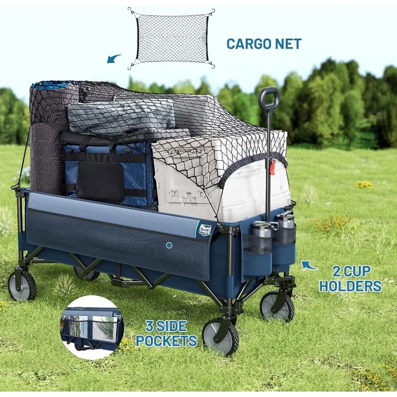 51.2'' Extended Collapsible Wagon Cart with Cargo Net, 350LBS Heavy Duty Foldable Utility Wagon with Adjustable Handle