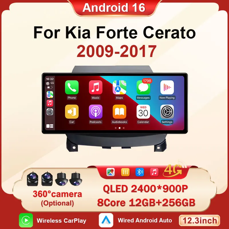 12.3 inch Android For Kia Forte Cerato 2009-2017 Intelligent Systems Car Radio 12+256G Multimedia Player Android 16 Carplay WiFi