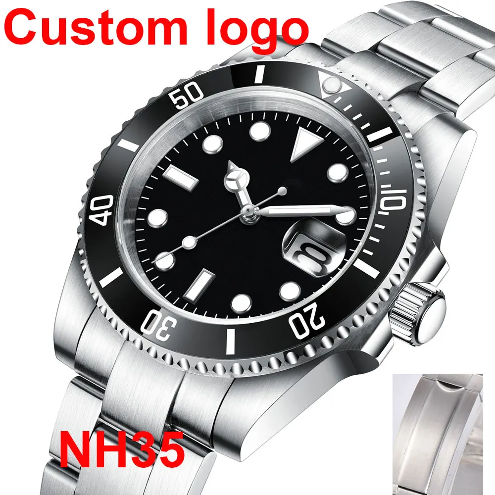 DIY individuelles Logo 40 mm Saphir NH35 8215 automatische mechanische Herren-Armbanduhr steriles Zifferblatt Keramik 10 Bar leuchtende