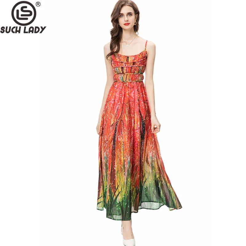 

Women's Runway Dresses Spaghetti Straps Printed Tiered Floral Fashion High Street Holiday Vestidos