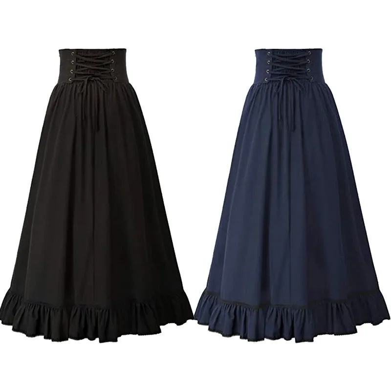 

European American Vintage Renaissance Women A Line Ruffled Skirt Halloween Ball Retro Cosplay