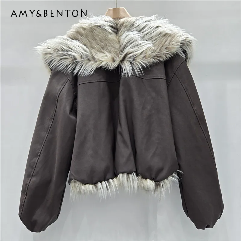 

American Style Leopard Print Large Furry Collar Quilted Short Jacket Soft Comfortable Long-sleeves Faux Fur Coat Outerwear Women