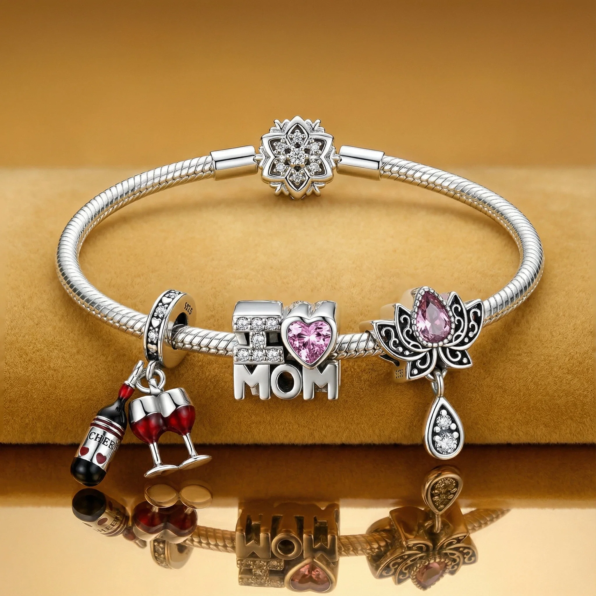 925 Sterling Silver Red Wine Lotus Charms Pendant with Cubic Zirconia,Fit DIY bracelet necklace Gift for Her,Colgante Plata