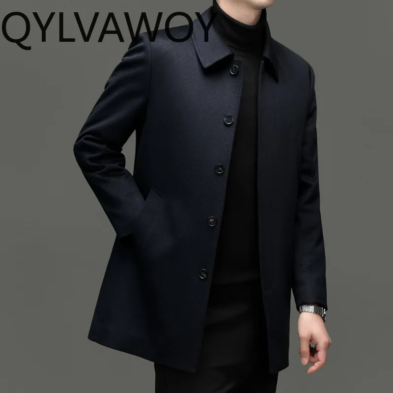 QYLVAWOY 100% Cashmere Man Jacket Winter Jackets Mid-length Lapel Coat Mink and Goose Down Liner Thicken Warm Clothes for Man
