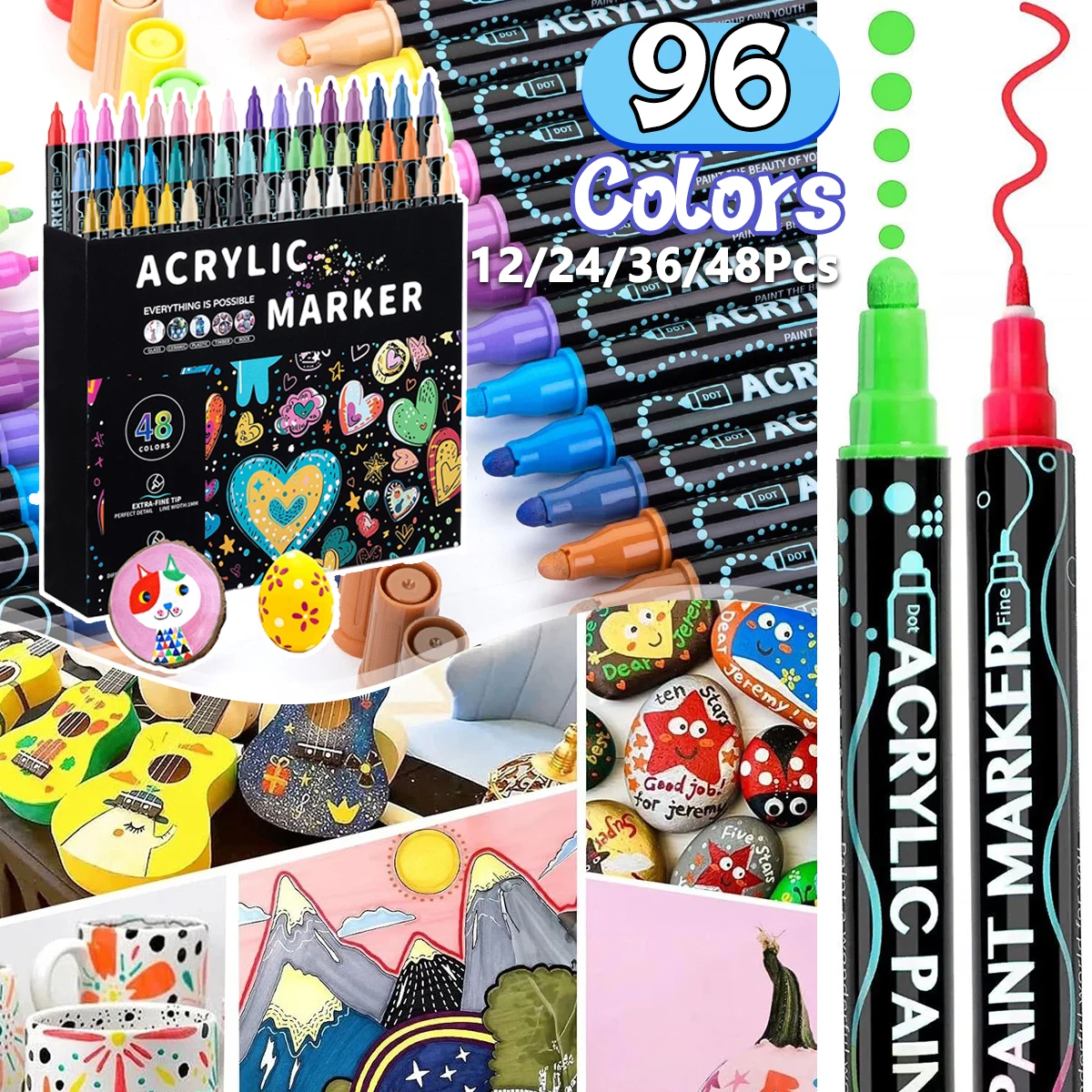 

12-48Color Set Dual Tip Acrylic Paint Pens Markers for Wood Stone Rock Painting Glass Ceramic Surfaces DIY Crafts Egg Decorating
