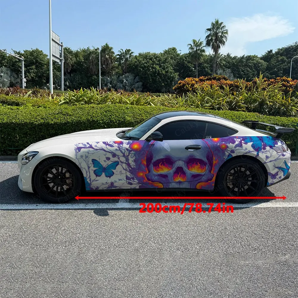 2pcs Flame Skull With Butterfly Floral Car Side Wraps, Self-Adhesive PVC Waterproof & Scratch-Resistant Stickers, Car Accessory