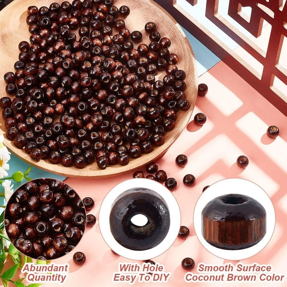 500 Pcs Wood Round Beads 6mm, Coconut Brown Smooth Ball Beads Loose Spacer Bead Wood European Bead Loose