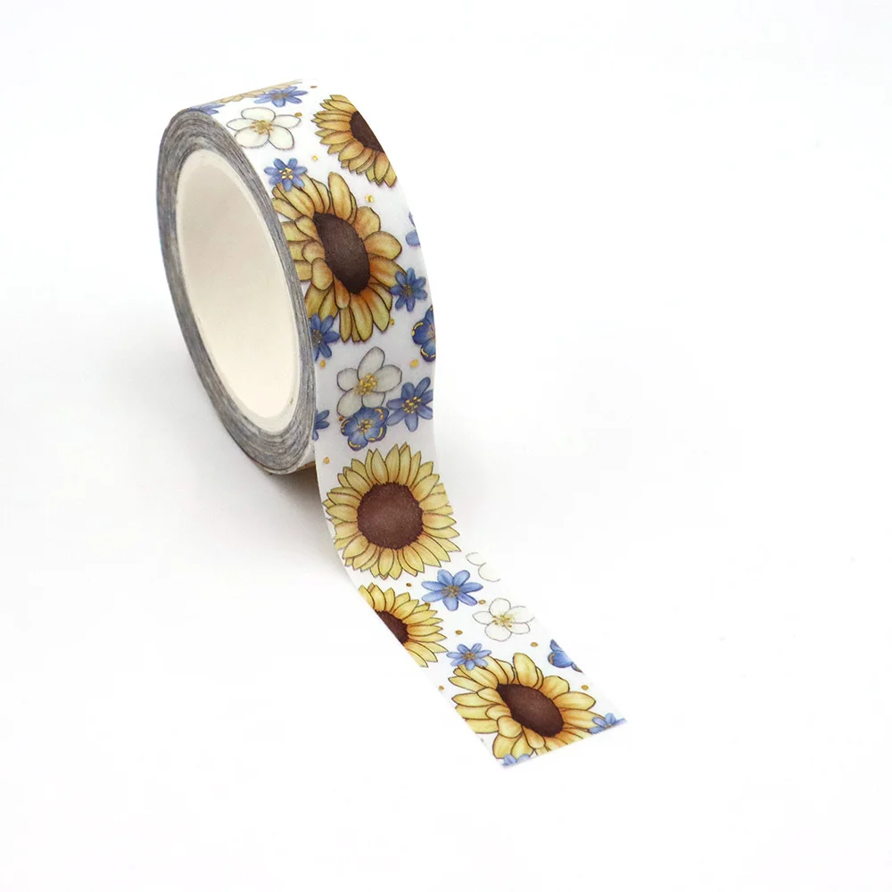 NEW 1PC 15mm*10m Gold Foil Sunflowers and Blue Flower Floral Decorative Washi Tape Stationery Colourful Tape Office Supply