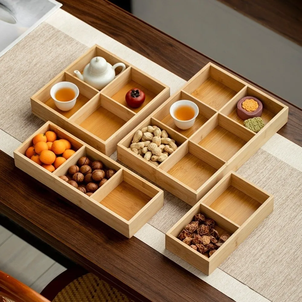 Reusable Multi-Grid Bamboo Tray Wooden Divided Plate Combination Serving Plate Candy