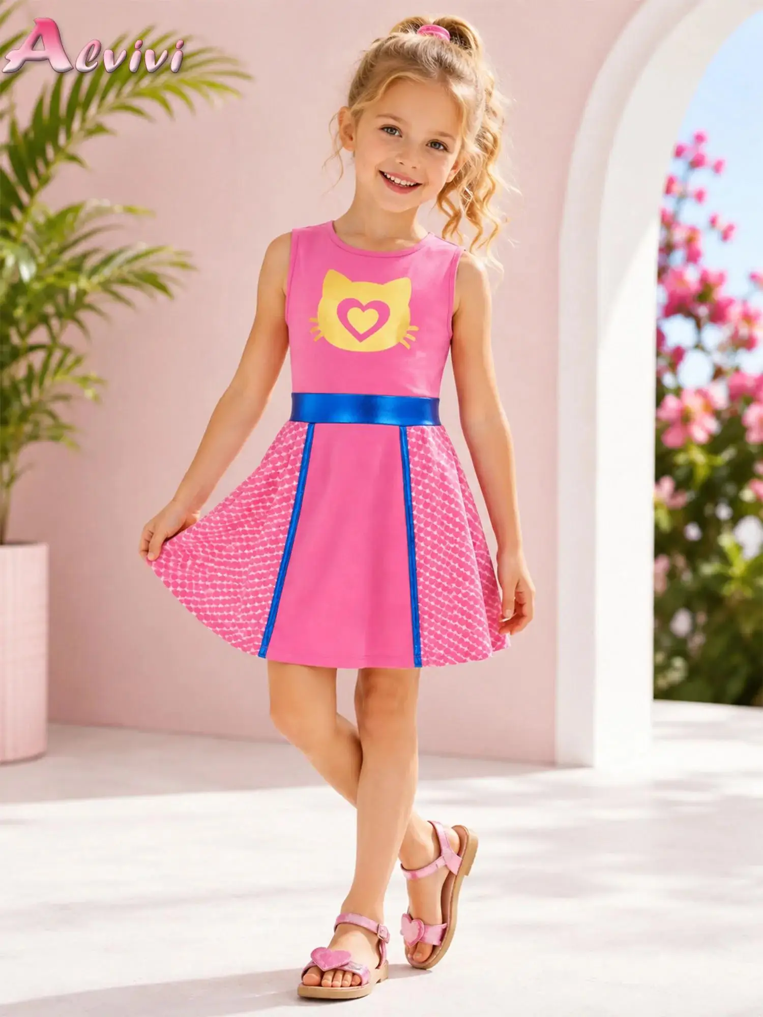 Kids Girls Carnival Theme Party Movie Character Dress Up Costume Cute Sleeveless Metallic Waist Cat Printed Color-blocked Dress