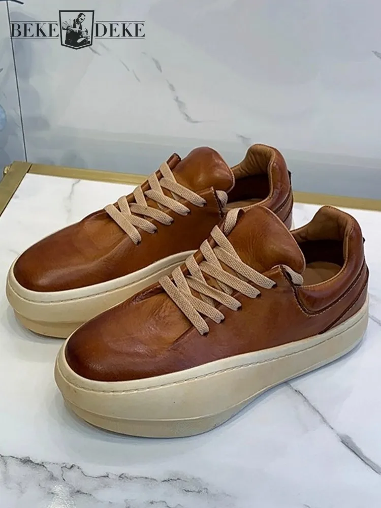 

Модные мужские повседневные туфли из натуральной яловой кожи на толстой платформе, кроссовки для бега на шнуровке с низким вырезом, новая дизайнерская обувь