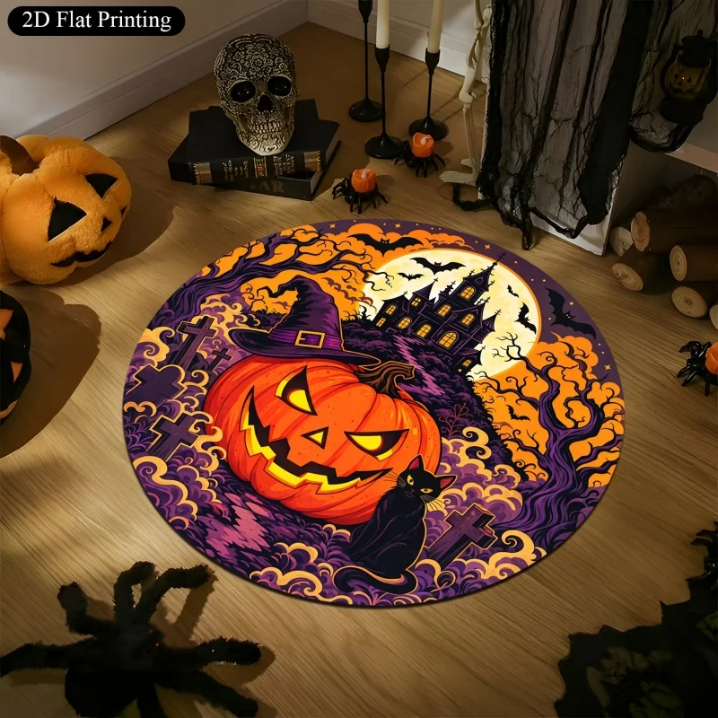Pumpkin Witch Hat Halloween Round Rug, Black Cat Haunted Castle Printed Circular Floor Carpet, Indoor Decor