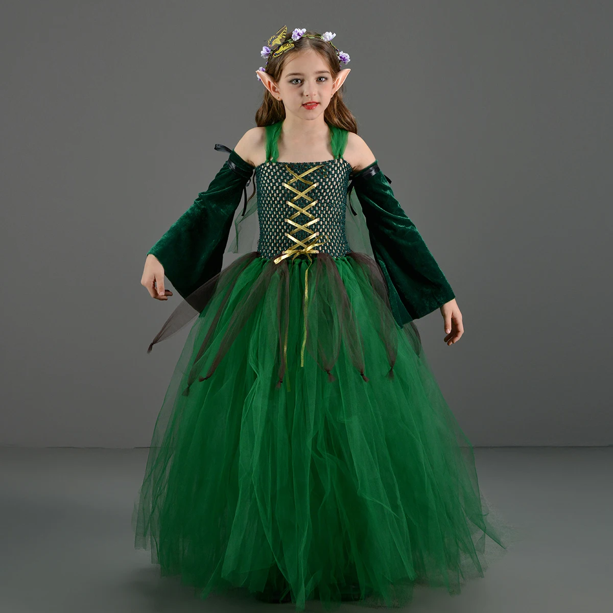 Kids Wood Elf Ball Gown Costume Girls Woodland Festival Green Medieval Tutu Dress for Halloween Cosplay Elf Earrings Clothing