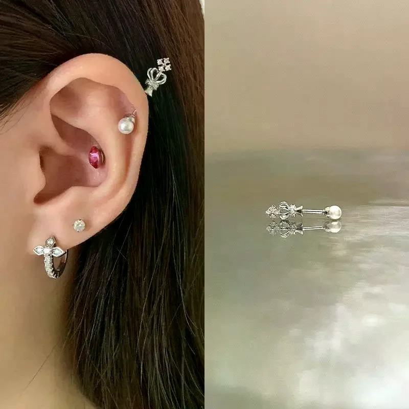 1Pcs Crown Pearl Titanium Steel Spiral Ear Bone Nail Fashion Y2K Earrings For Women Ear Piercing Jewelry Gifts