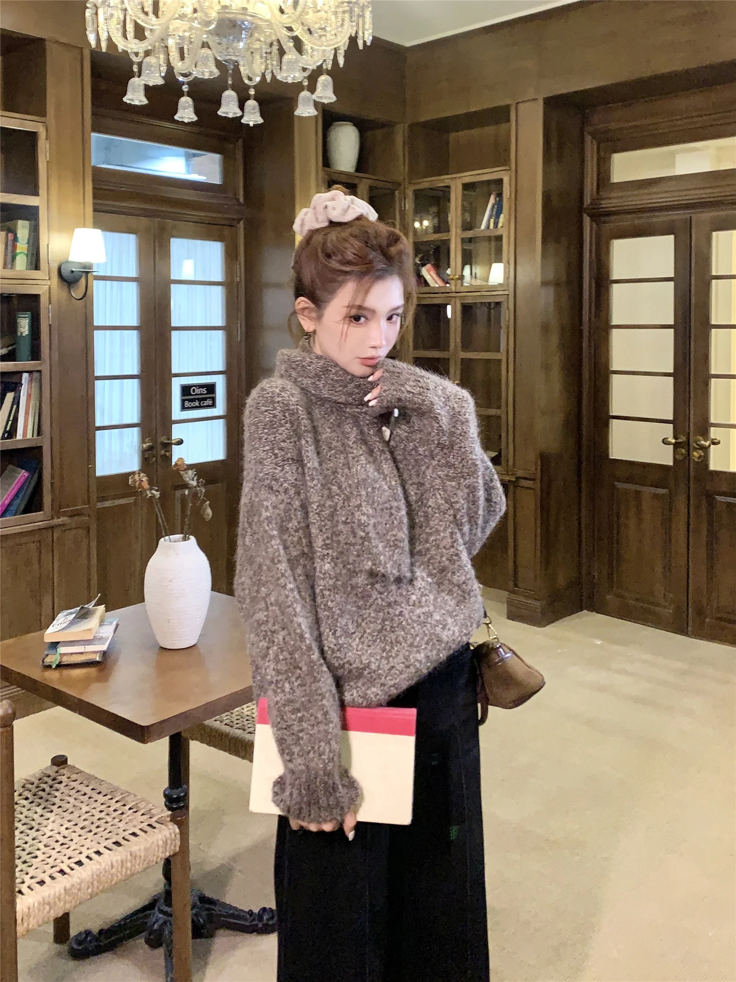 

Модный зимний длинный вязаный шерстяной свитер с высоким воротником, универсальный, свободного кроя, для повседневной носки, из утолщенной смесовой ткани с полиэстером