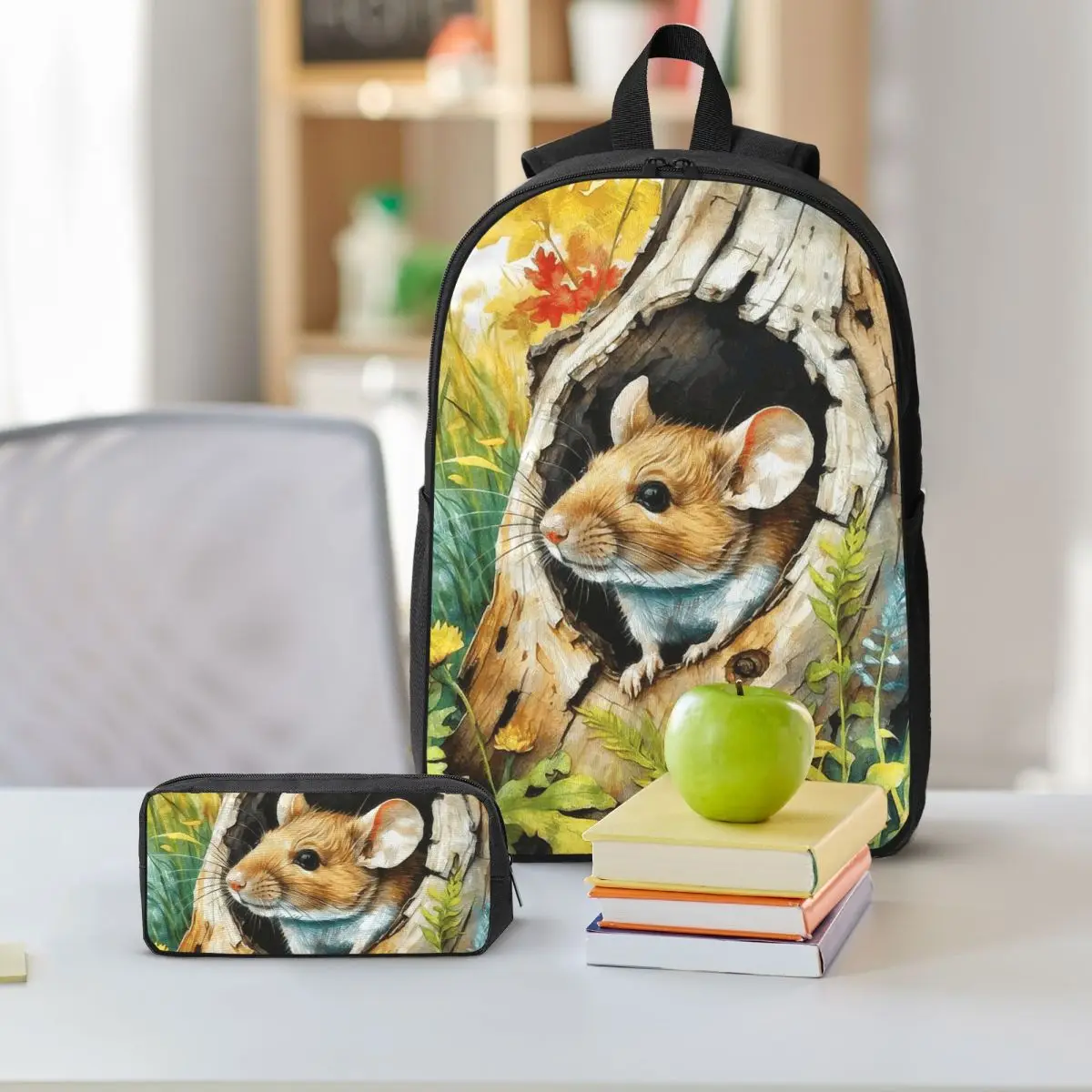 Mouse Flower Tree Hole Oil Painting Backpack Boys Girls BookBag School Bag Shoulder Bags 3ps Insulated Lunch Bag Pencil Case