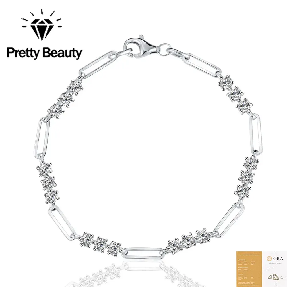 Pretty Beauty Paperclip Chain Bracelet for Women Moissanite Cluster Alternating Design S925 Silver Hypoallergenic Jewelry Gift