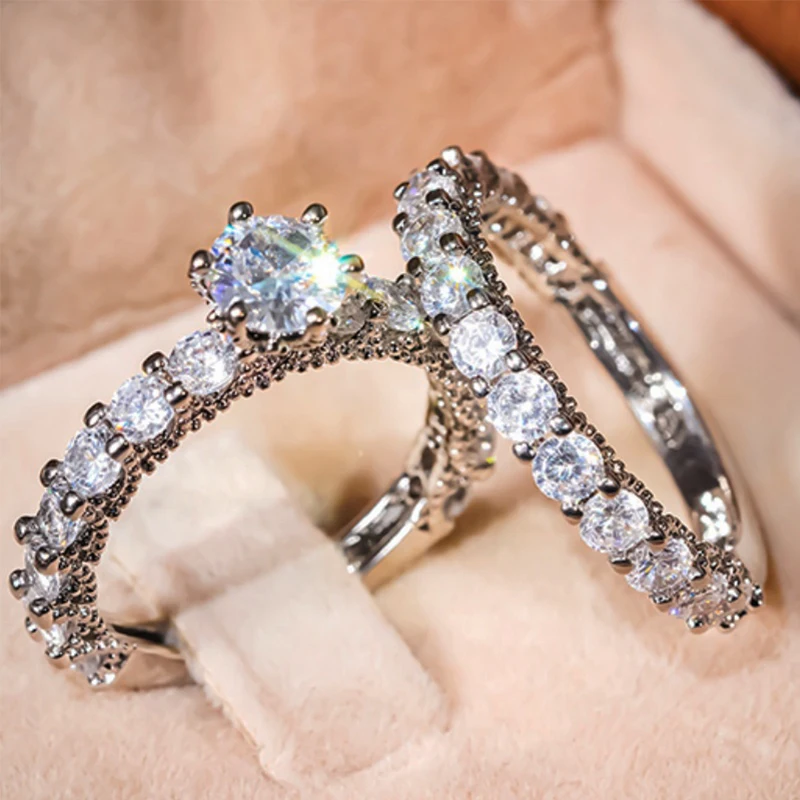Huitan Luxury 2Pc/Set Rings for Women Trendy Brilliant Delicate Finger Accessories Aesthetic Attractive Chic Wedding Jewelry Set
