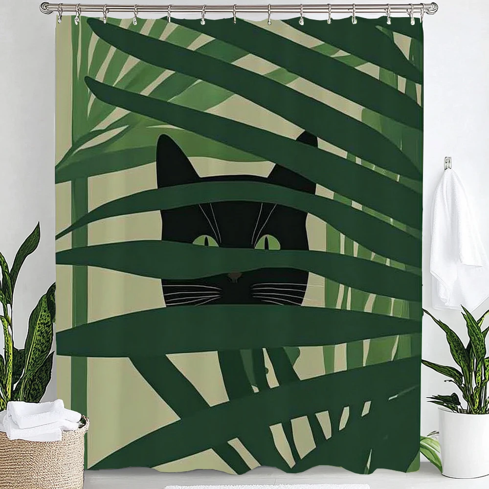 Funny Cat Shower Curtain Plant Leaves Animal Shower Curtains for Bathroom Classy Shower Curtain Set with 12 Hooks