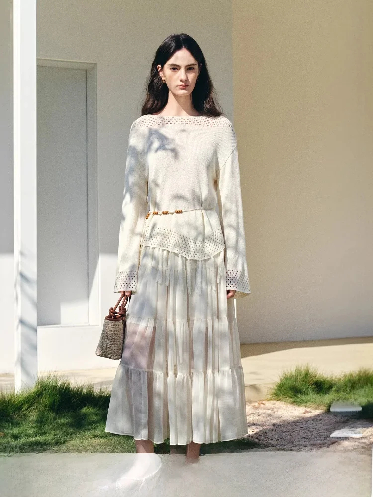 

Женский вязаный комплект: топ с круглым вырезом и шифоновая юбка, весенний модный ансамбль, повседневный свободный крой, длинный рукав