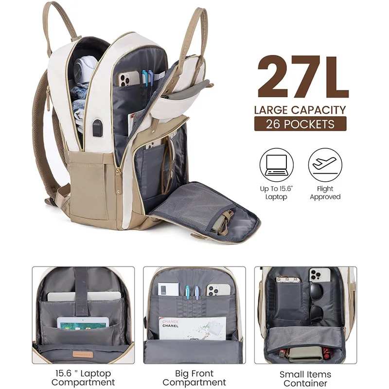 USB Charging Backpack 15.6 Inch Laptop Bags Daily Commuting Travel Bag with External Charging Port Luggage Strap Backpacks Women