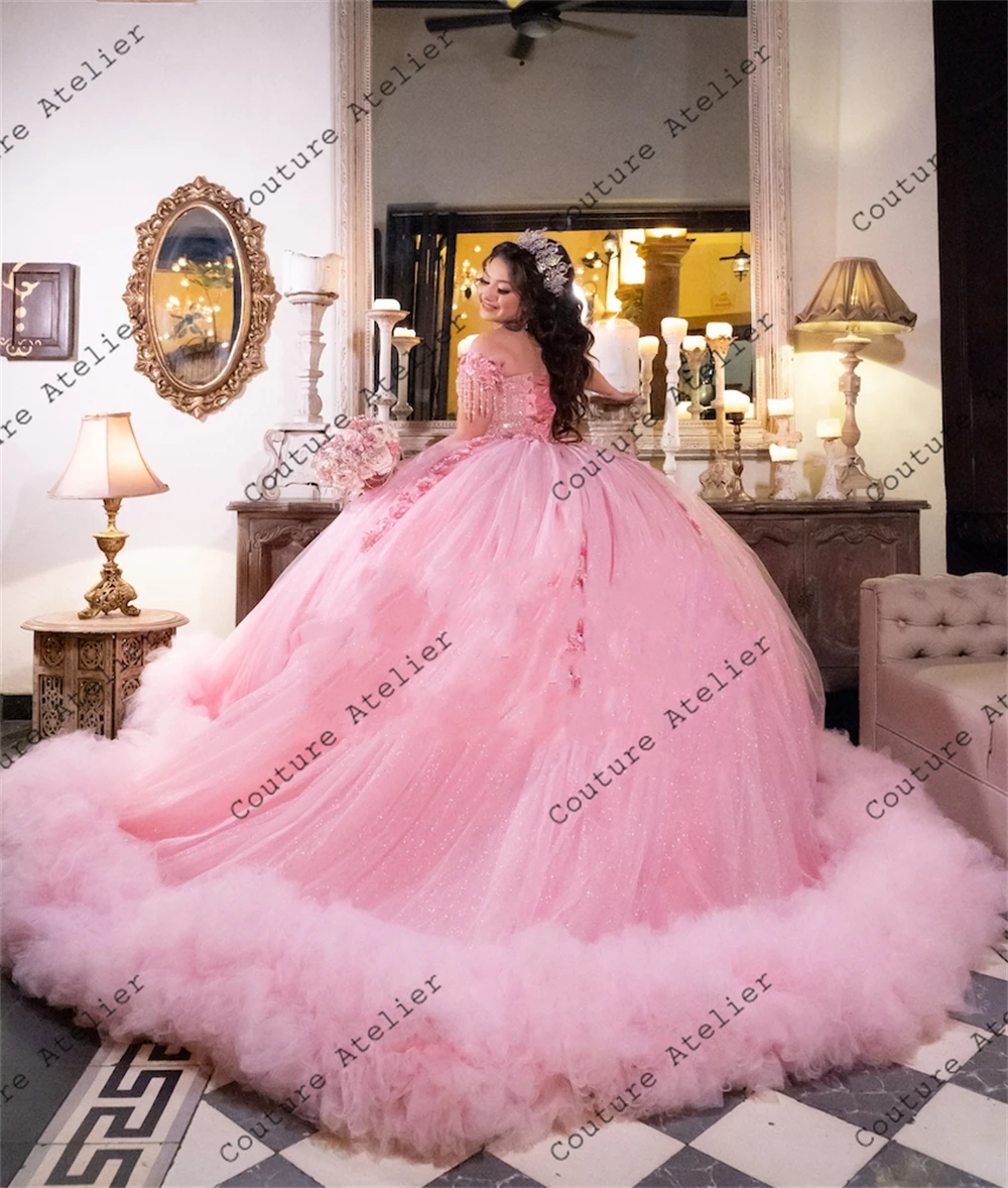 Vestidos de quinceañera con borlas de color rosa claro, vestido de baile hinchado con hombros descubiertos, vestido de cumpleaños con cordones, dulce 15 16, personalizado