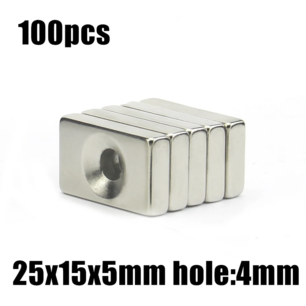 100pcs 25x15x5mm hole:4mm Block NdFeB Neodymium Magnet N35 25x15x5-4 mm Super Powerful Permanent Magnetic