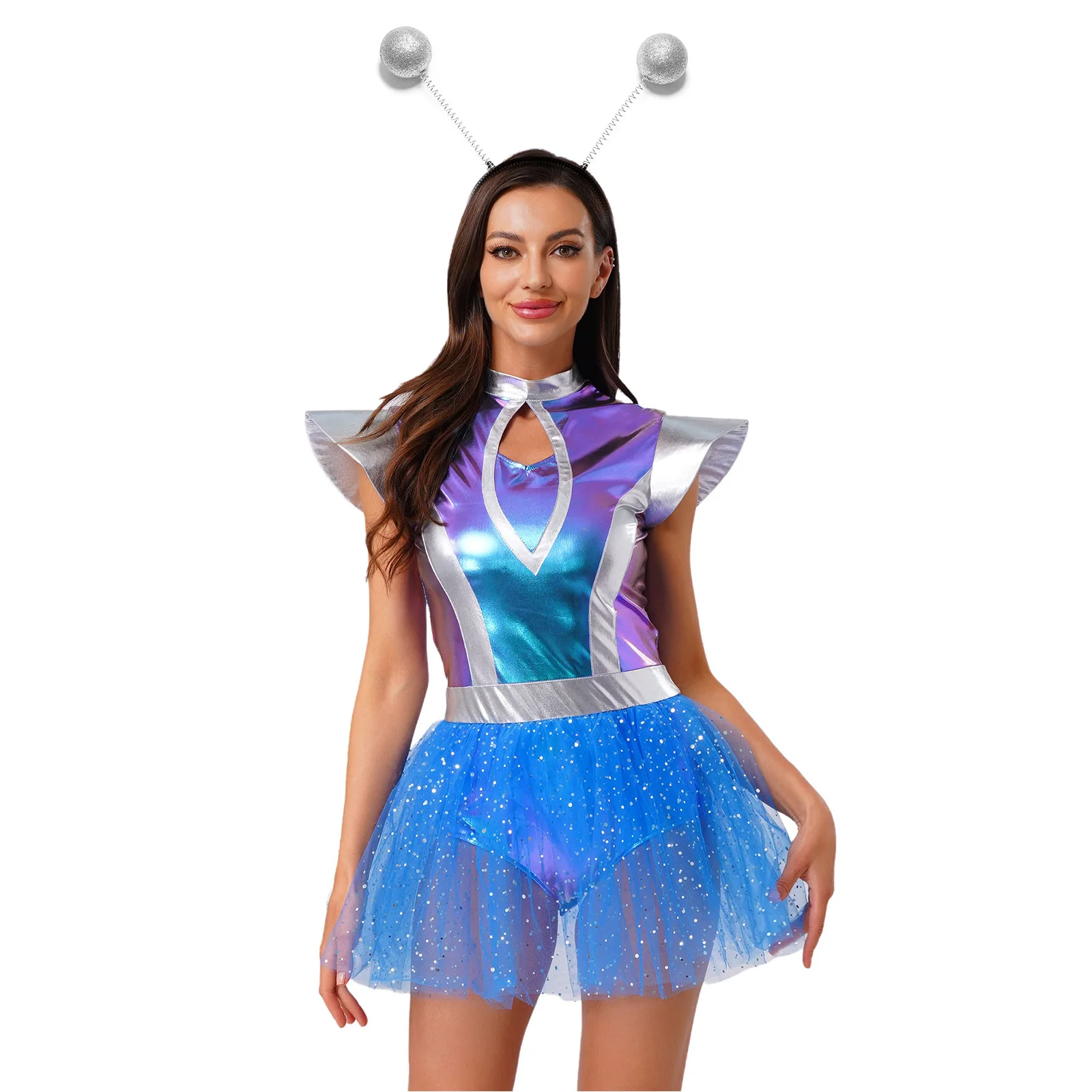 

Женский костюм космонавта-инопланетянина: блестящий комбинезон-пачка из тюля с головным убором для Хэллоуина, космической тематики, ролевых игр в робота