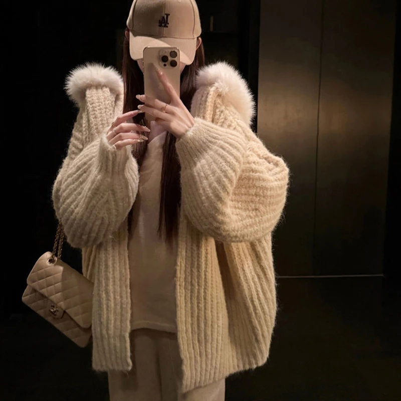 

Korean Vintage Knitted Cardigan Coats Women Elegant Casual Pure Color Zipper Jacket Faux Fur Clothing Office Lady Autumn Sweater